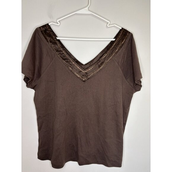 VENEZIA NEW Embellished Short Slv Tee Womens 14/16 Brown Sequins V-Neck - Picture 1 of 5